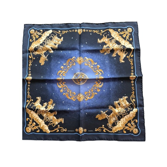 Hermes Accessories - Hermès Cosmos Silk Pocket Square Scarf Philippe Ledoux Navy Blue Gold 16"